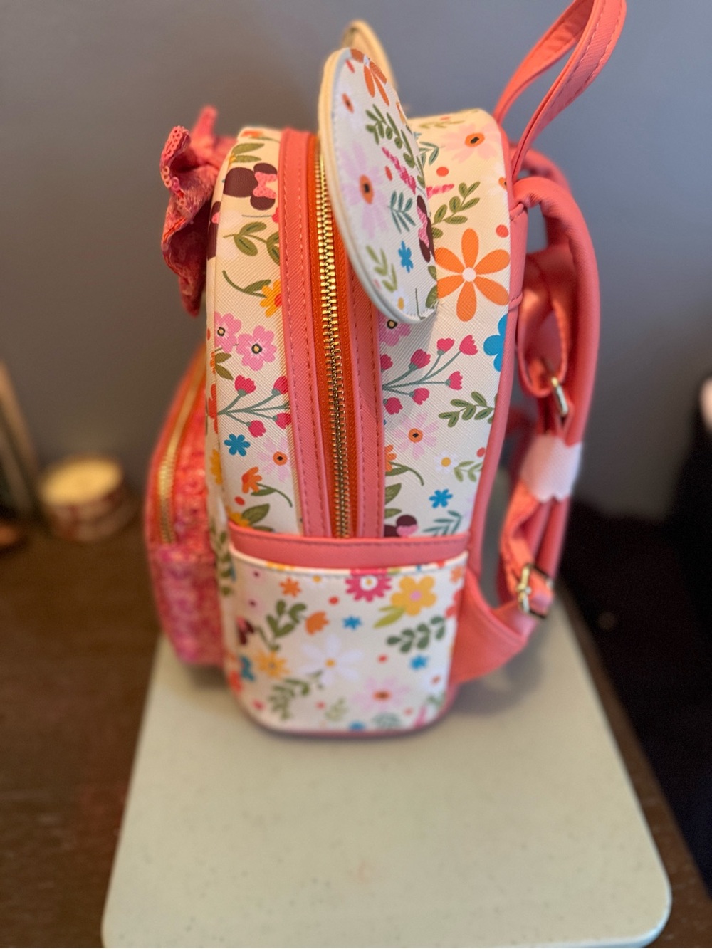 Loungefly Floral Minnie Ear Backpack - Pink Sequin Bow - Picture 3 of 9